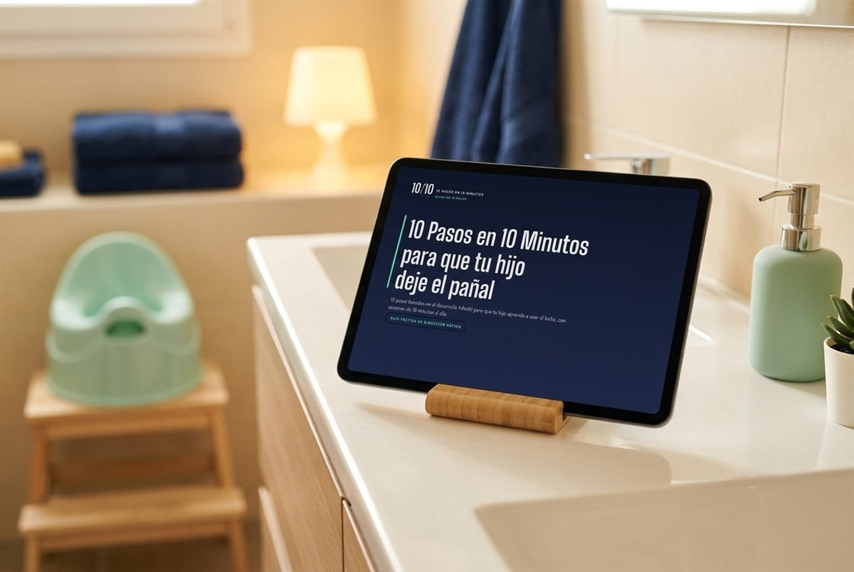 La guía Que deje el pañal sin dramas en una tablet, en un baño cálido y ordenado.